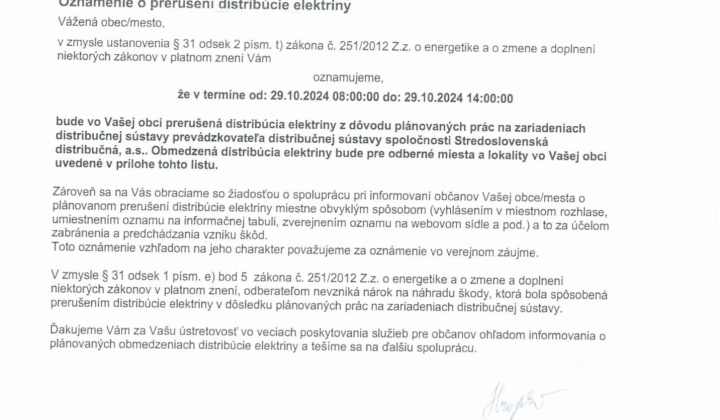 Fotka - Oznámenie o prerušení distribúcie elektriny